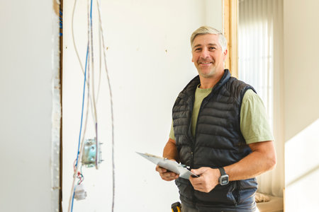 Electrician worker inside house. Construction decoration concept.