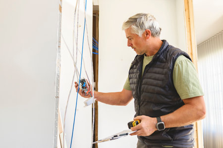 Electrician worker inside house. Construction decoration concept.の写真素材