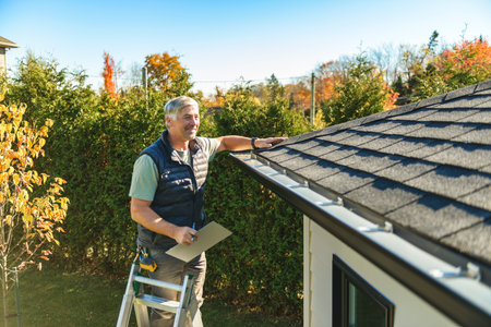 man standing on steps inspecting house roof