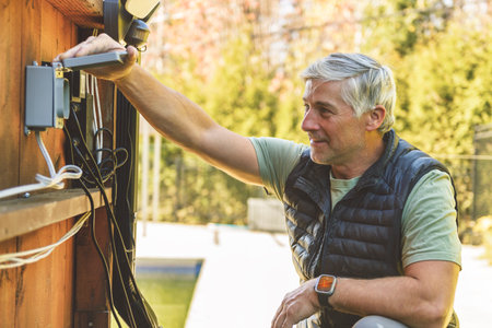 electrician repairing power distribution box outdoorsの写真素材