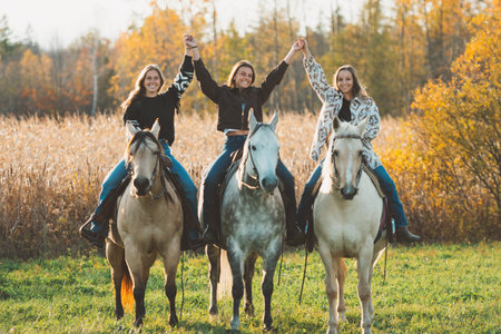 Three Young woman having great time with horse in field on autumn season. sunset hourの写真素材