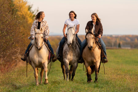 Three young women having a great time with horses in a field during the autumn season at sunset.の写真素材
