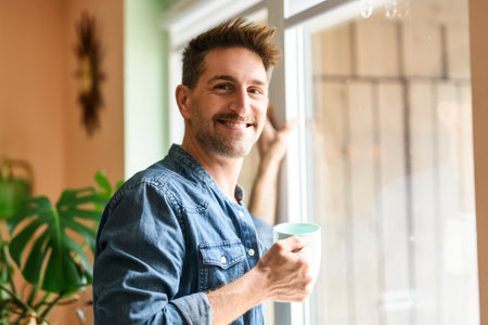 Happy relaxed man enjoying quiet time with coffee close to a windowの写真素材