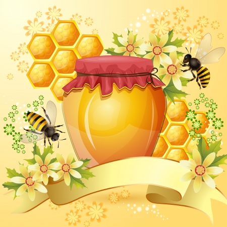 Background with bees and honey jarのイラスト素材