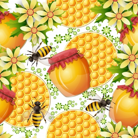 Seamless pattern with honey jar and honeycombのイラスト素材