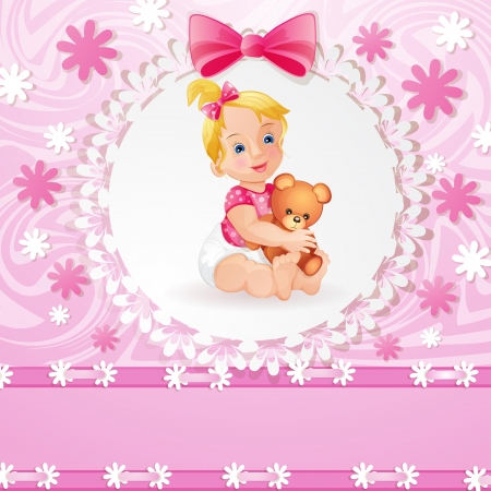Pink baby shower card with  cute little girlのイラスト素材