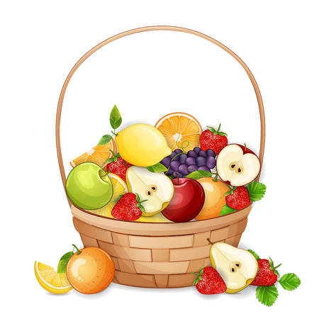 Basket with fresh,delicious fruits isolated on white.のイラスト素材