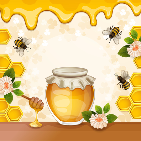 Beautiful background with bees,honey,jar, flowers and honeycombのイラスト素材