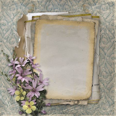 Grunge papers design in scrapbooking style with bouquetの写真素材