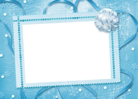 Christmas card with snowflakes and bow on the winter backgroundの写真素材