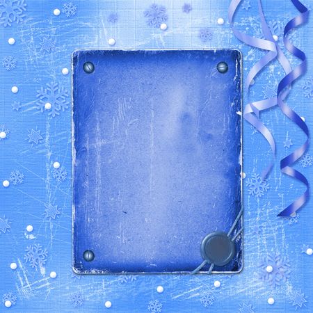 Old paper with streamer and stamp, on the Winter backgroundの写真素材