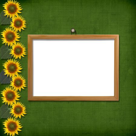 Wooden framework for portraiture on the abstract background with sunflowersの写真素材