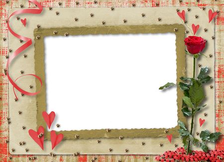 Card for congratulation or invitation with red hearts and red roseの写真素材