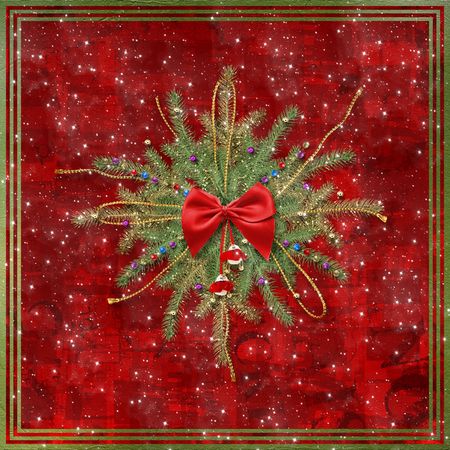 Greeting card for the holiday, with a red ribbon and branches of spruce
の写真素材