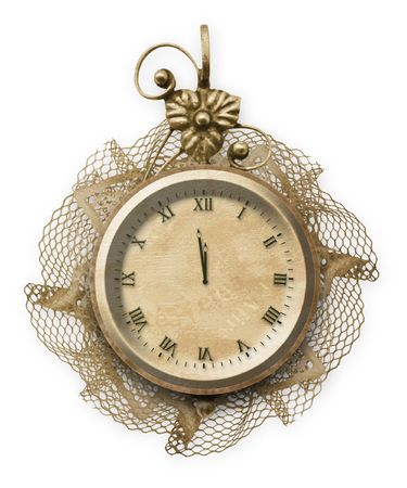Antique clock face with lace on the white isolated backgroundの写真素材
