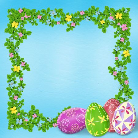 Pastel background with colored eggs to celebrate Easter