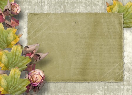 Grunge papers design in scrapbooking style with paper and foliageの写真素材