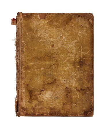 Old worn book cover isolated on white backgroundの写真素材