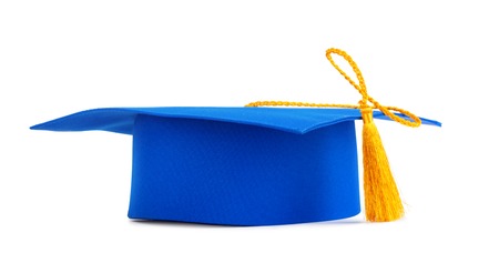 Blue graduation cap with gold tassel isolated on a white backgroundの写真素材