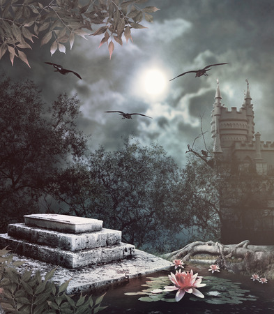 Tombstone in celebration of Halloween on the background of the moonlit nightの写真素材