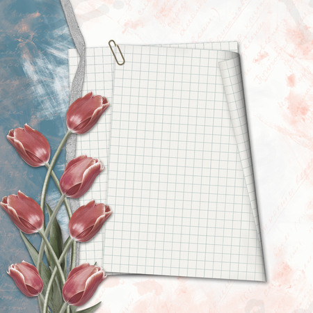Old paper hand-drawn background with with notebook sheet and tulipsの写真素材