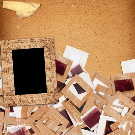 Set of old vintage slides, photos and film in grunge paper albumの写真素材