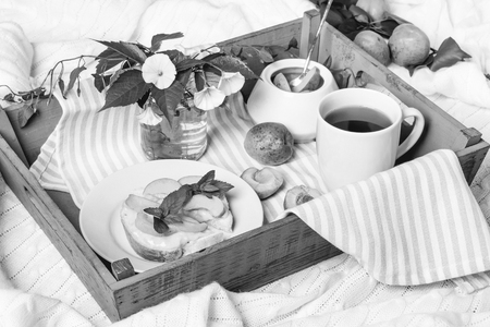 Delicious toasts bread with homemade apricot jam and cup of tea on tray, on background of the flowers of convolvulusの写真素材