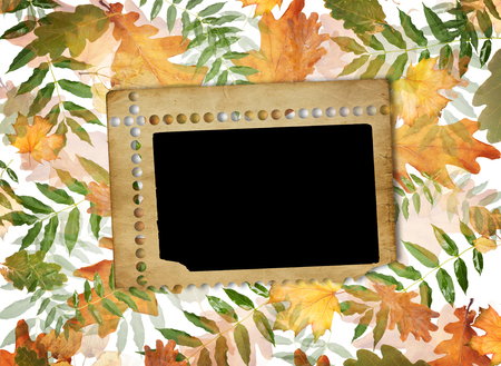 Colorful autumn foliage in chaotic order on an abstract background with vintage paper photo frame. Top View Flat Lay Group Objectsの写真素材