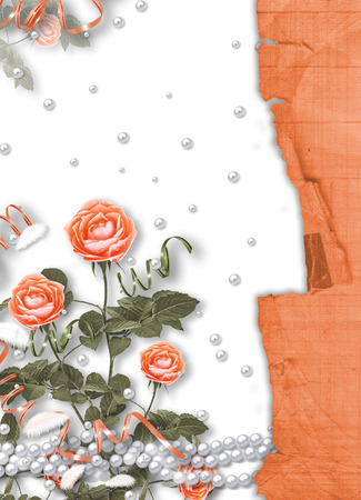 Holiday card with pearls and bouquet of beautiful red roses on white isolated background, for congratulation or invitationの写真素材