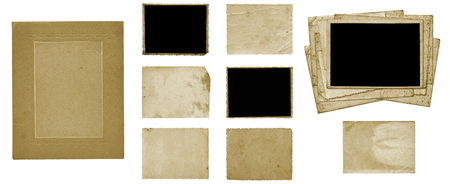 Set of old vintage dirty photo postcards and album sheets on white isolated background