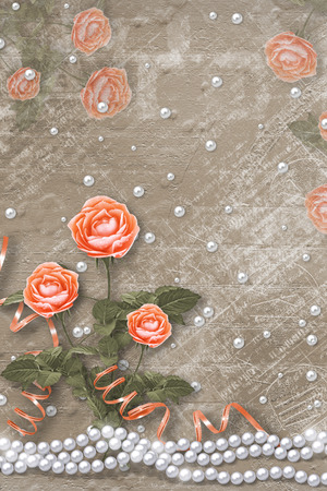 Holiday card with pearls and bouquet of beautiful peach  roses on brown paper background, for congratulation or invitationの写真素材