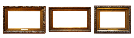 Set of three vintage golden baroque wooden frames on white isolated background