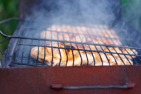 Fresh chicken legs on metal grill. Summer picnic in natureの写真素材