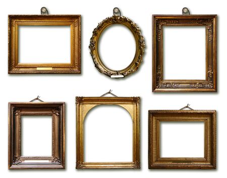 Set of picture gold wooden frame on white isolated background