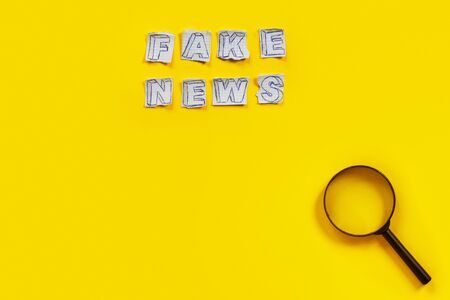 Paper art banner on yellow backdrop in style zine wiht words fake news. Social media concept.の写真素材