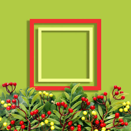 Autumn oak and rowan branches with red berries on green background. Creative paper trending...