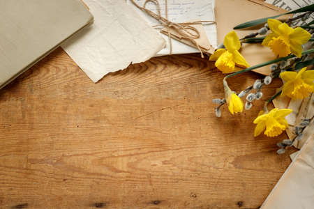 Victory Day - 9 of may 1945. St. George Ribbon, front-line letters album photos and post card of the Second World War on vintage wooden table. Flat lay Top view with copy space for your text.の写真素材