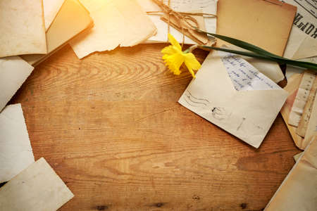 Victory Day - 9 of may 1945. St. George Ribbon, front-line letters album photos and post card of the Second World War on vintage wooden table. Flat lay Top view with copy space for your text.の写真素材