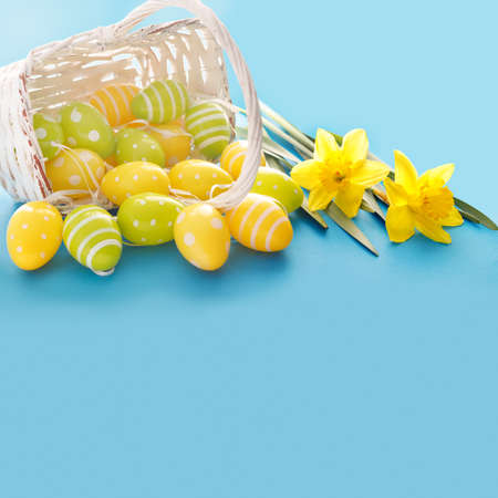 Beautiful Easter card with colorful eggs and yellow daffodils on paper blue background. Floral greeting card.の写真素材