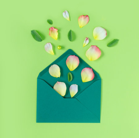 Petals of yellow an pink roses in envelope on green background. Minimalistic concept for spring holidays. Photo banner with copy space.の写真素材