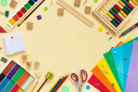 Set of school and office supplies. Multicolored paints, pencils, plasticine, buttons, scissors,...