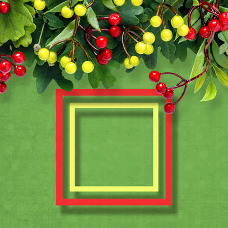 Autumn oak and rowan branches with red berries on green background. Flat lay, top view, copy space concept. Creative paper trending backgroundの写真素材