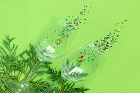 Champagne For Christmas Celebration. New Year holidays background, winter season with spruce branches. Flat lay, top view concept with copy space.の写真素材