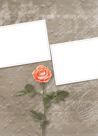 Holiday card with pearls, frame and bouquet of beautiful peach roses on brown paper background, for congratulation or invitationの写真素材