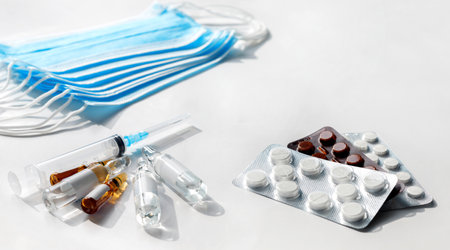Coronavirus, personal protective equipment. Medicines for the virus and flu. Medical mask, medicine...