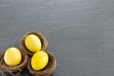 Lots of bird nests with painted yellow Easter eggs on dark tabletop. Holiday greeting card. Concept...