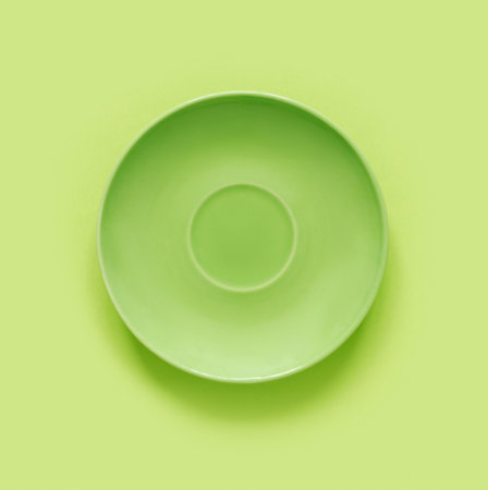 Green plates on green table. Monochrome minimalistic image in hipster style. Flat lay, top view, copy space for text. Creative background.の写真素材
