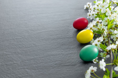 Beautiful Easter card with colorful eggs and cherry branches on paper green background. Floral greeting card with copyspace for your text.の写真素材