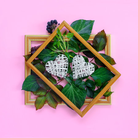 Beautiful white roses with green foliage and hearts in vintage wooden frame on bright pink wall for Valentine's Day. Creative greeting card. Copy space for your text.の写真素材