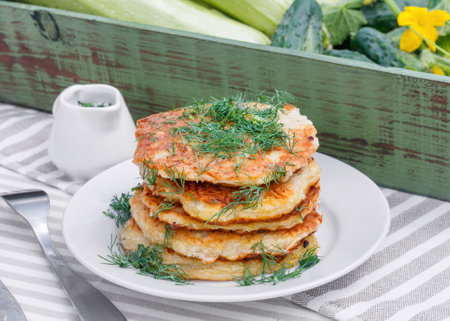 Delicious pancakes from courgettes and fresh vegetables with sour cream and dill in the garden backgroundの写真素材